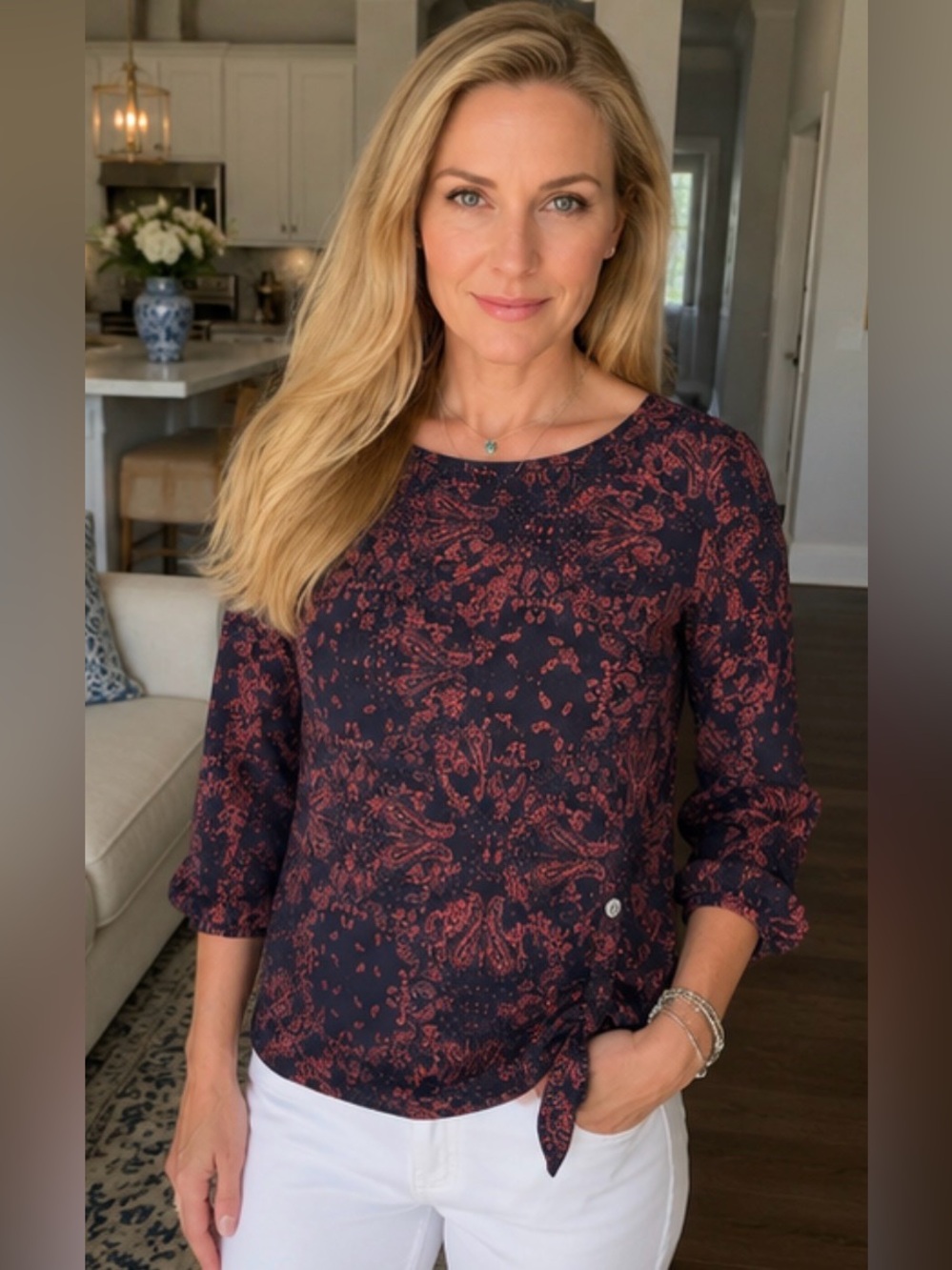 Papermoon Navy and Rust Paisley-Print Long Sleeve Top